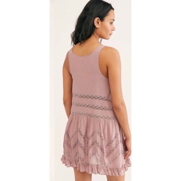Free People Pink Tiered Ruffle Voile & Lace Mini Slip Dress | Cottagecore Boho M - Picture 9 of 16